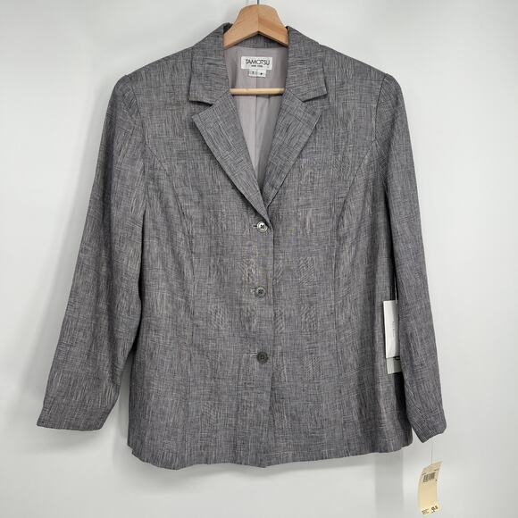 Tamotsu New York Jackets & Blazers - Tamotsu 100% Linen Blazer Jacket Womens 1XP Navy Blue White Glen Plaid NEW FLAW